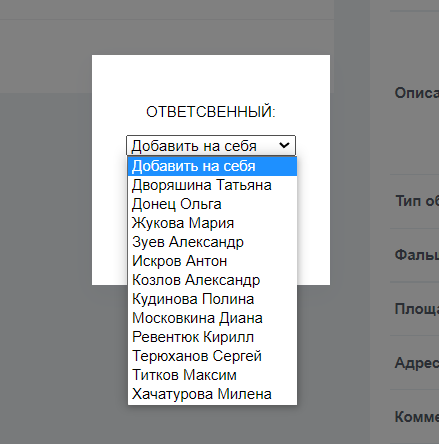 Выбор ответственного руководителем — первый экран